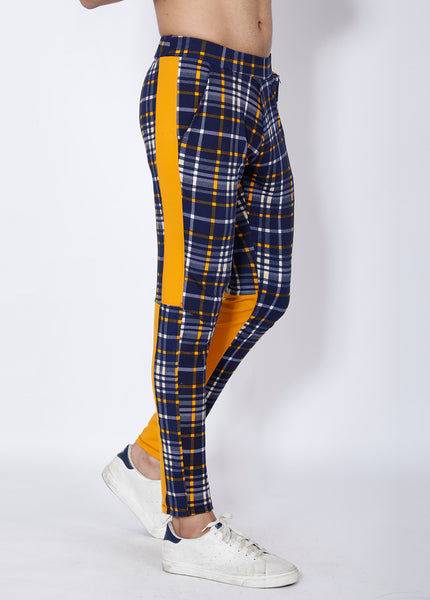 Navy Yellow Checked Slim-Fit Trackpants