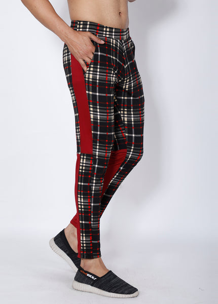 Black Red Checked Slim-Fit Trackpants