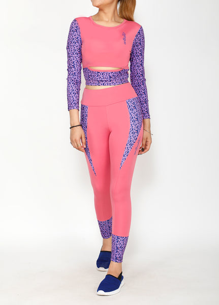 Shop The Look - Cutout Full Sleeve Top + Tights - Pink Leopard