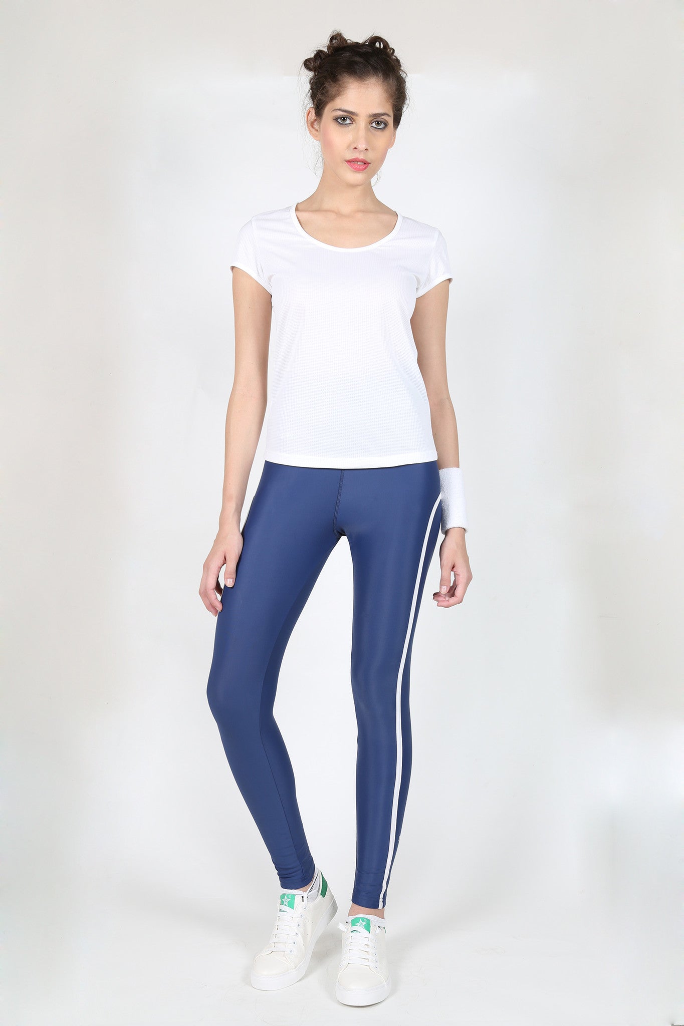 Zathe Navy Blue and White Stripes Yoga Leggings for Women with