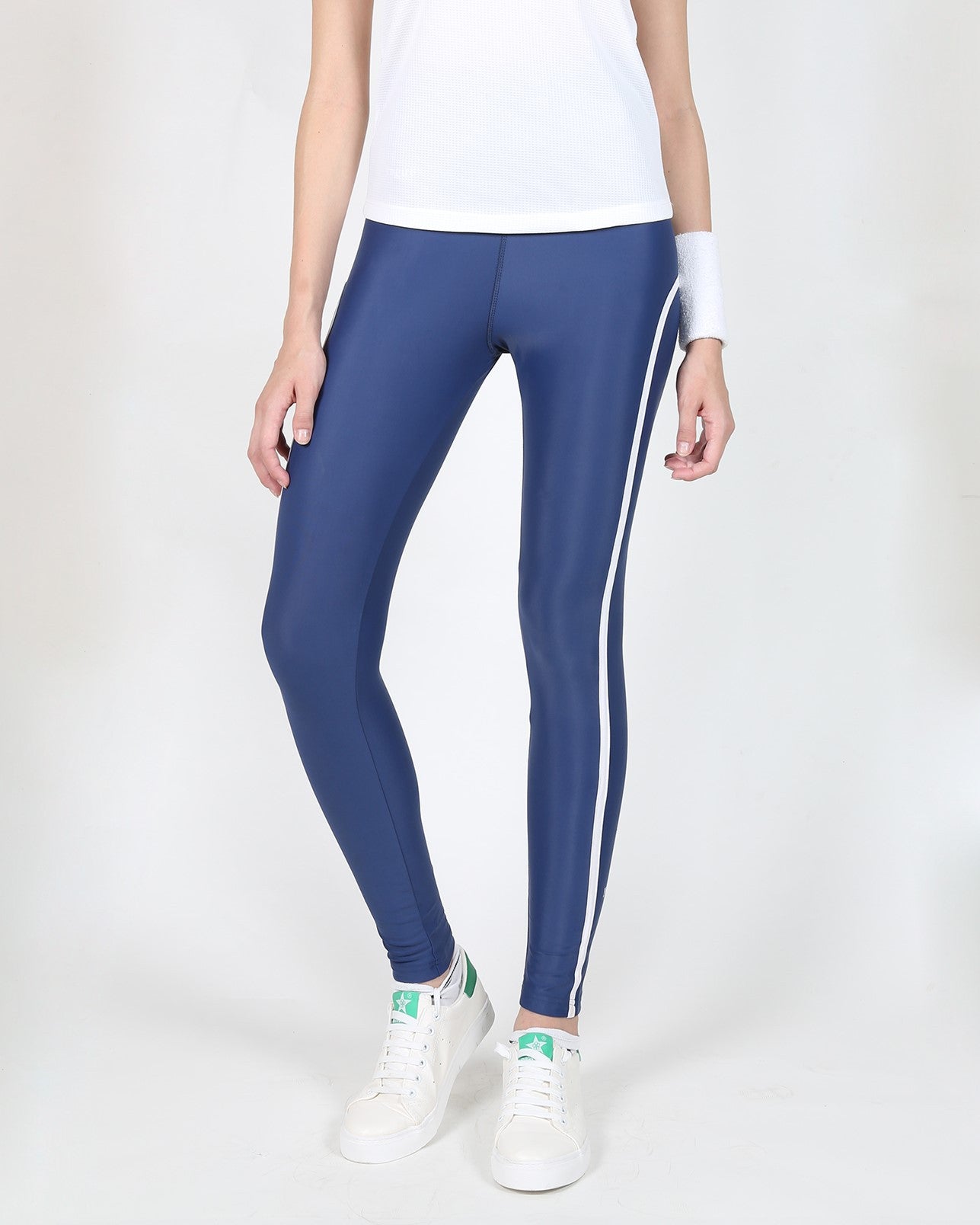 Dark Blue Tights with White Stripes - Yogue Activewear