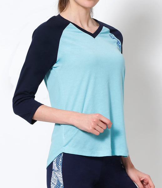 Sky-Navy 3/4th Sleeve Cotton T-Shirt