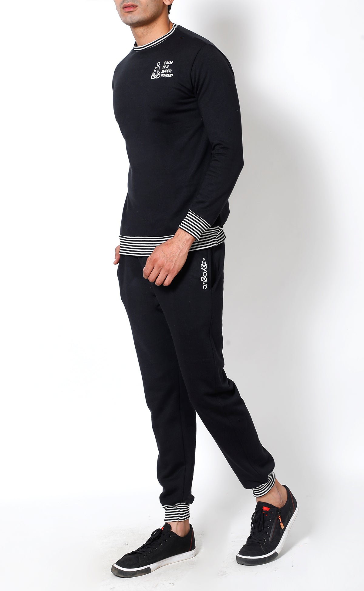 Black Stripes Crew-Neck Tracksuit Yogue Activewear