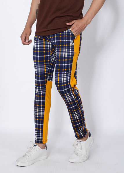 Navy Yellow Checked Slim-Fit Trackpants