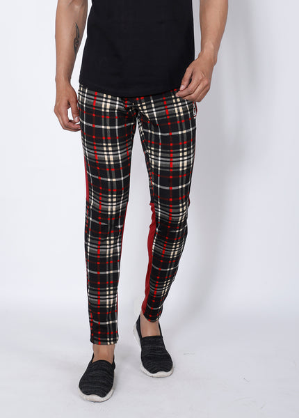 Black Red Checked Slim-Fit Trackpants