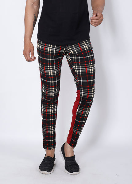 Black Red Checked Slim-Fit Trackpants