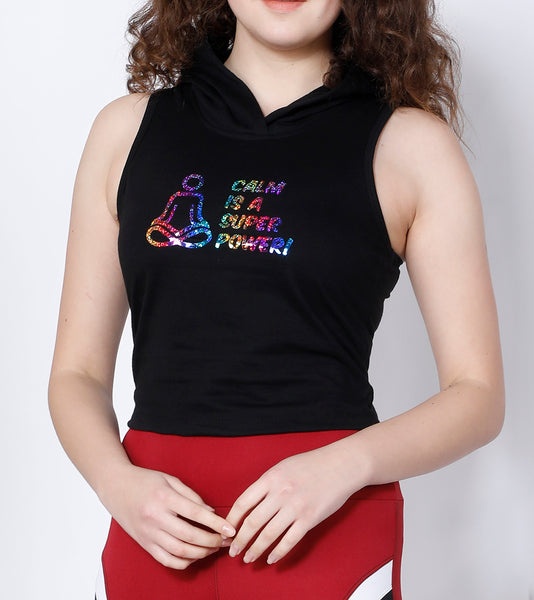 Black Sleeveless Crop Hoodie