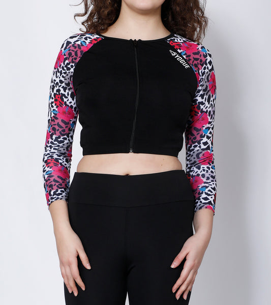 Black Floral Crop Zipper