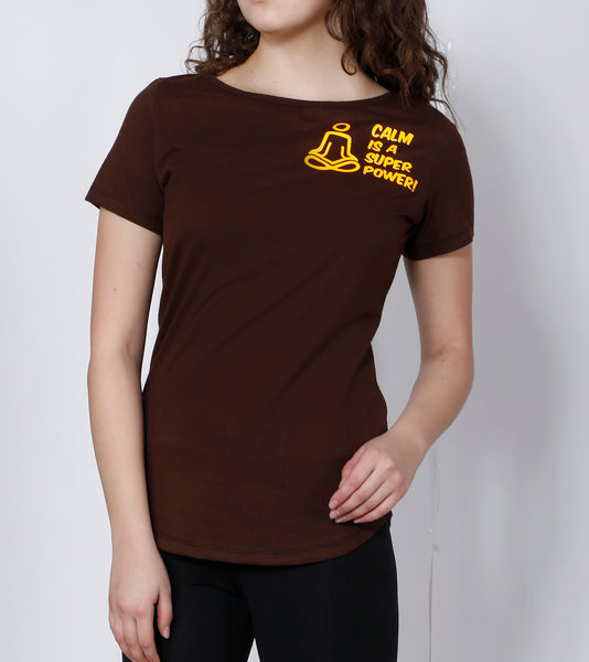 Brown Curved-Hem Cotton T-Shirt