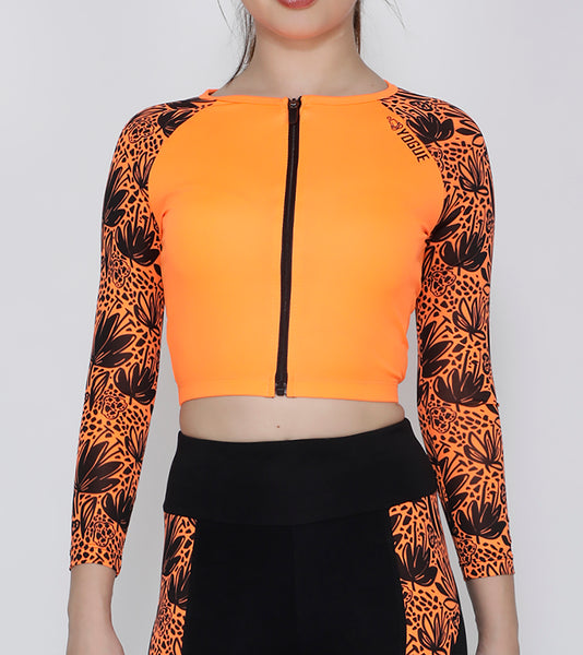 Orange Black Floral Crop Zipper