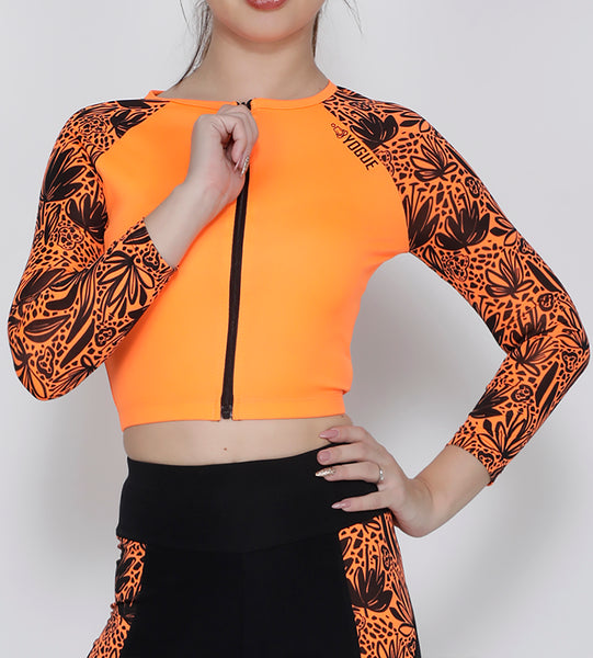 Orange Black Floral Crop Zipper