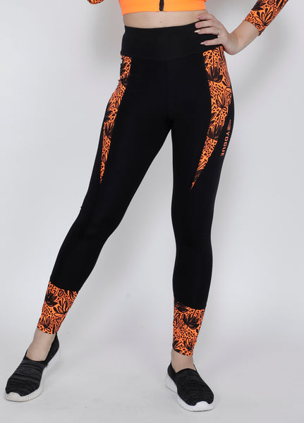Black Orange Floral Convex-Cut Tights