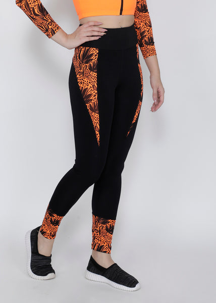 Black Orange Floral Convex-Cut Tights