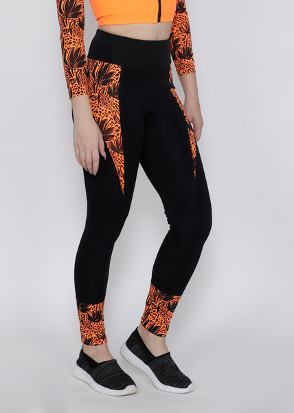 Black Orange Floral Convex-Cut Tights