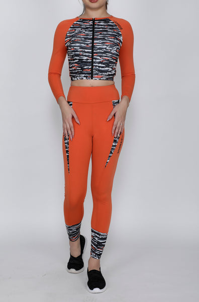 Shop The Look - Crop Zipper + Tights - Orange Black Wavy