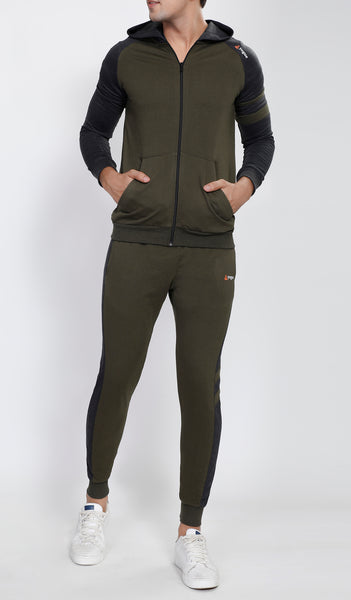 Millitary Green Hooded Tracksuit with Charcoal Contrast