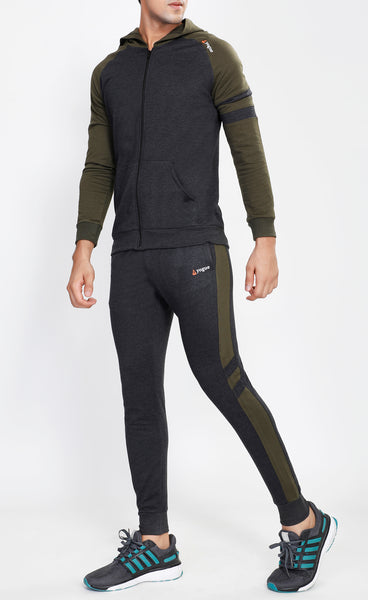 Charcoal Hooded Tracksuit with Millitary Green Contrast