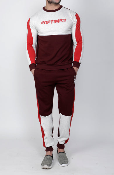 Wine Red & White Crew-Neck Tracksuit