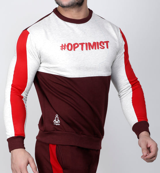 Wine Red & White Crew-Neck Tracksuit