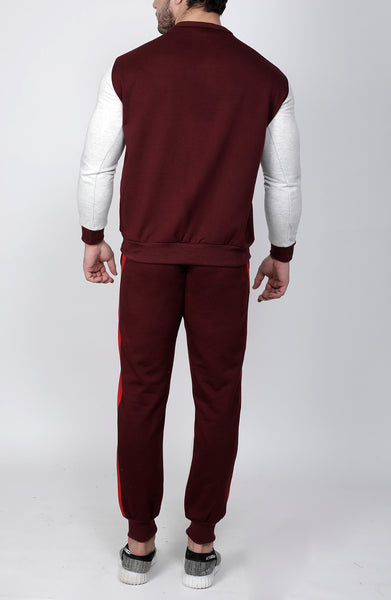 Wine Red & White Crew-Neck Tracksuit