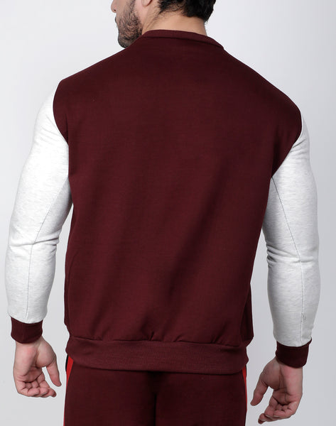 Wine Red & White Crew-Neck Tracksuit