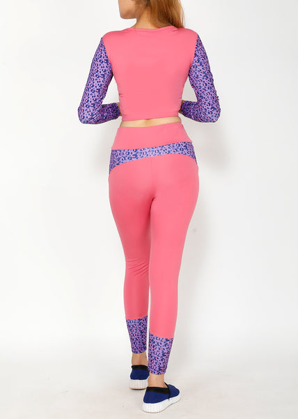 Shop The Look - Cutout Full Sleeve Top + Tights - Pink Leopard