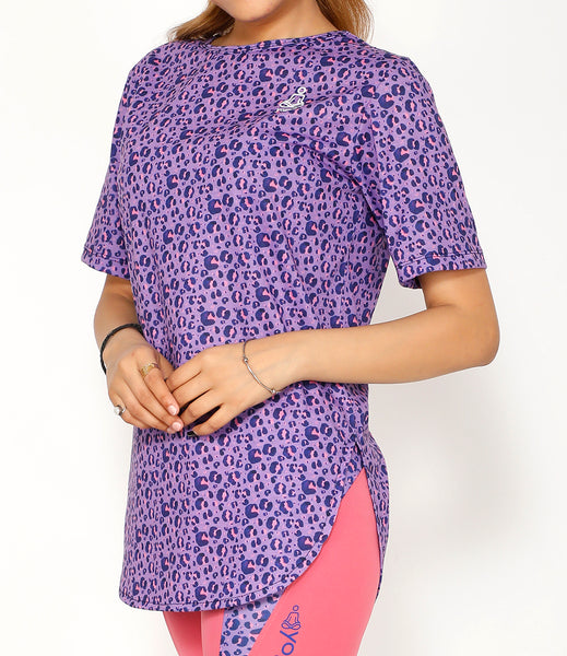 Purple Leopard Cotton Longline T-shirt