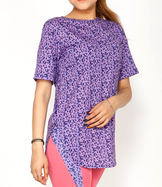 Purple Leopard Cotton Longline T-shirt