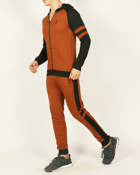 Rustic Brown Hooded Tracksuit with Black Contrast