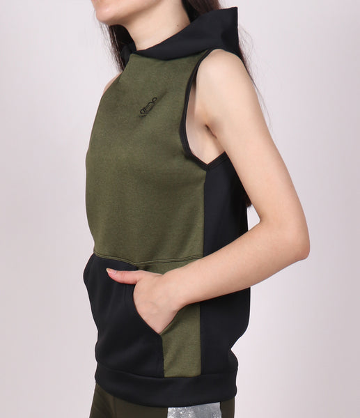 Military Green Black Sleeveless Hoodie