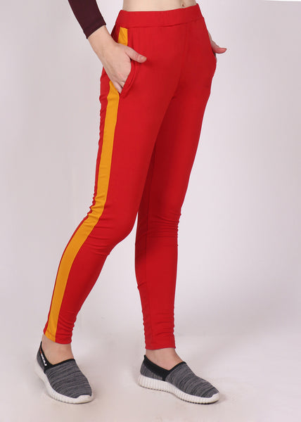 Red Slim Fit Joggers with Yellow Stripes